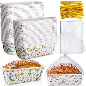 Hushee 50 Sets Wildflower Paper Loaf Pans with Bags & Ties, 6.3x2.2x2.2" Disposable Mini Bread Baking Molds, Colorful Floral Spring Cake Liners for Mother's Day Easter Garden Party Gifts