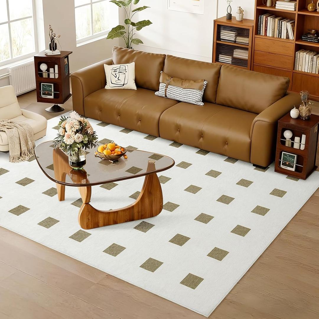 Premium 6x9ft White and Beige Checkered Rugs Large Living Room Bedroom Plaid Rug Machine Washable Soft Throw Carpets for Nursery Kids Girls