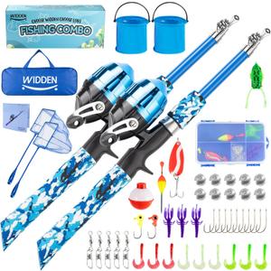 Kids Fishing Pole, Portable Telescopic Kids Fishing Poles for Boys and Girls, Fishing Rod and Reel Combo Kit with Tackle Box, and Fishing Net, Best Fishing Pole for Toddler Youth (Blue+Blue)