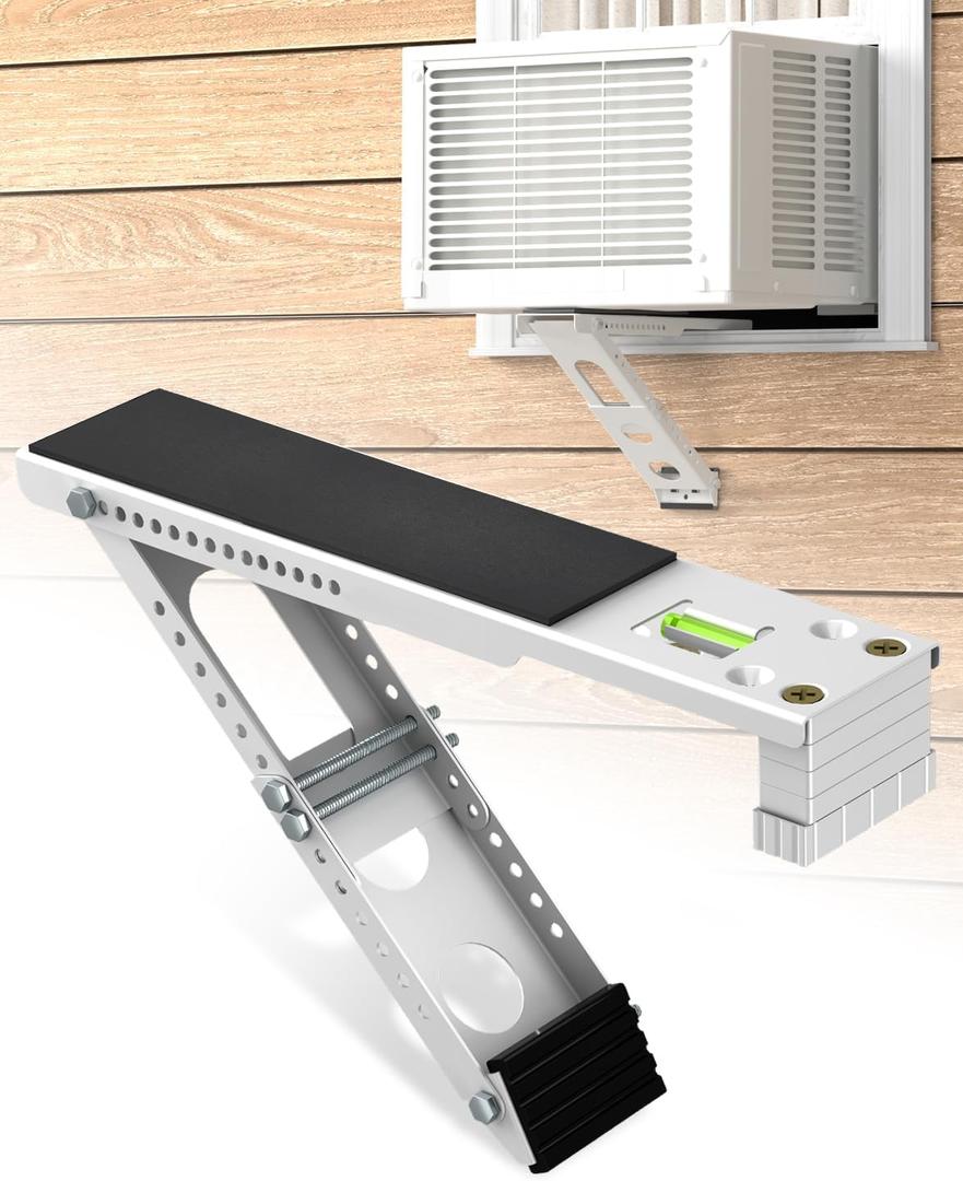 Window Air Conditioner Support Bracket: Adjustable Anti-Slip Shock-Absorbing Mat Window Safe Bracket Built-in Bubble Level - 5000 to12000 BTU AC Units Window Mount Bracket Up to 85 lbs
