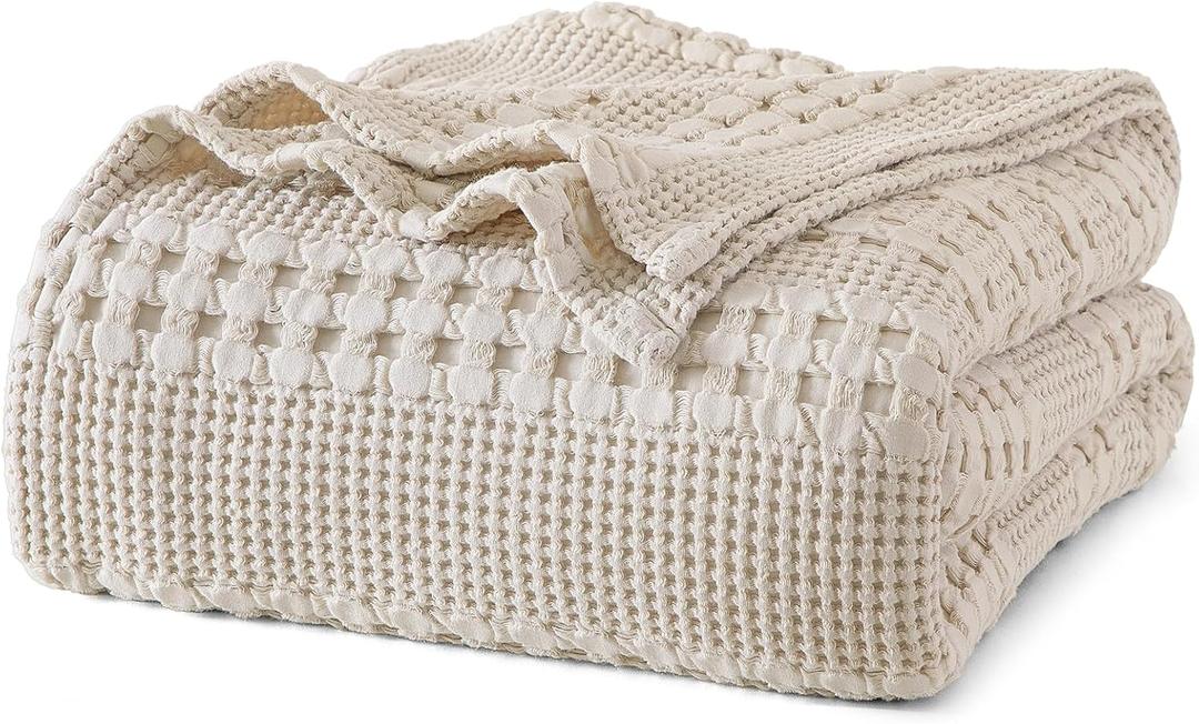PHF 100% Cotton Waffle Weave Blanket Queen Size for Bed, Soft Lightweight & Breathable, All-Season Comfort, 300 GSM Luxury Aesthetic Blanket for Home Decor, 90"x90", Oatmeal