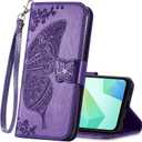 for Samsung Galaxy S26 Wallet Case,Women Flip Folio Cover Credit Card Holders Emboss Butterfly Flower PU Leather Purse Wrist Strap Kickstand Phone Case for Samsung Galaxy S26 Purple