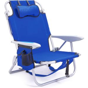 Portable Beach Chair for Adults, Outdoor Camping Chair Lay Flat Folding Backpack Beach Reclining Chair with 5 Positions, Headrest, Zipper Pouch, Cup Holder, Blue