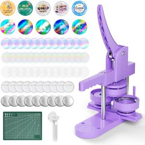 Button Maker Machine 3'' Button Press Machine Pin Badge Maker Machine with 100 Set Holographic Film Pinback Making Supplies, Removable Dies, 1 Circle Cutter, 1 Cutting Mat