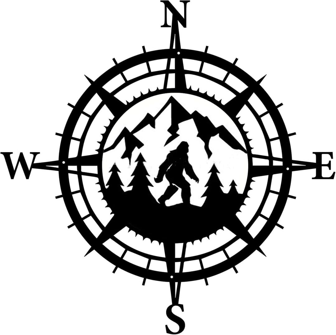 Gemseek 12 Inch Black Metal Bigfoot Compass Wall Art Decor, Funny Sasquatch Silhouette Wall Sculpture for Bedroom Living Room Bathroom Home Decoration Big Foot Gifts