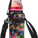 Neoprene Water Bottle Holder Bag with Cell Phone Pocket Compatible with Owala FreeSip 24 ozWater Bottle Carrying Bag with Adjustable Shoulder Strap,for 24oz Stainless Steel Water Bottle (Wild Flower)