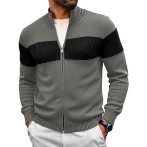 Runcati Mens Full Zip Cardigan Sweater Casual Knit Stand Collar Cardigan Slim Fit Color Block Fall Winter Sweaters (X-Large, Dark Grey)