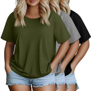 3 Pack Women's Plus Size Half Sleeve Shirts Crew Neck Irregular Hem Tops Loose Fit Cotton Casual Basic Tees (XX-Large, Black, Light Gray, Army Green)