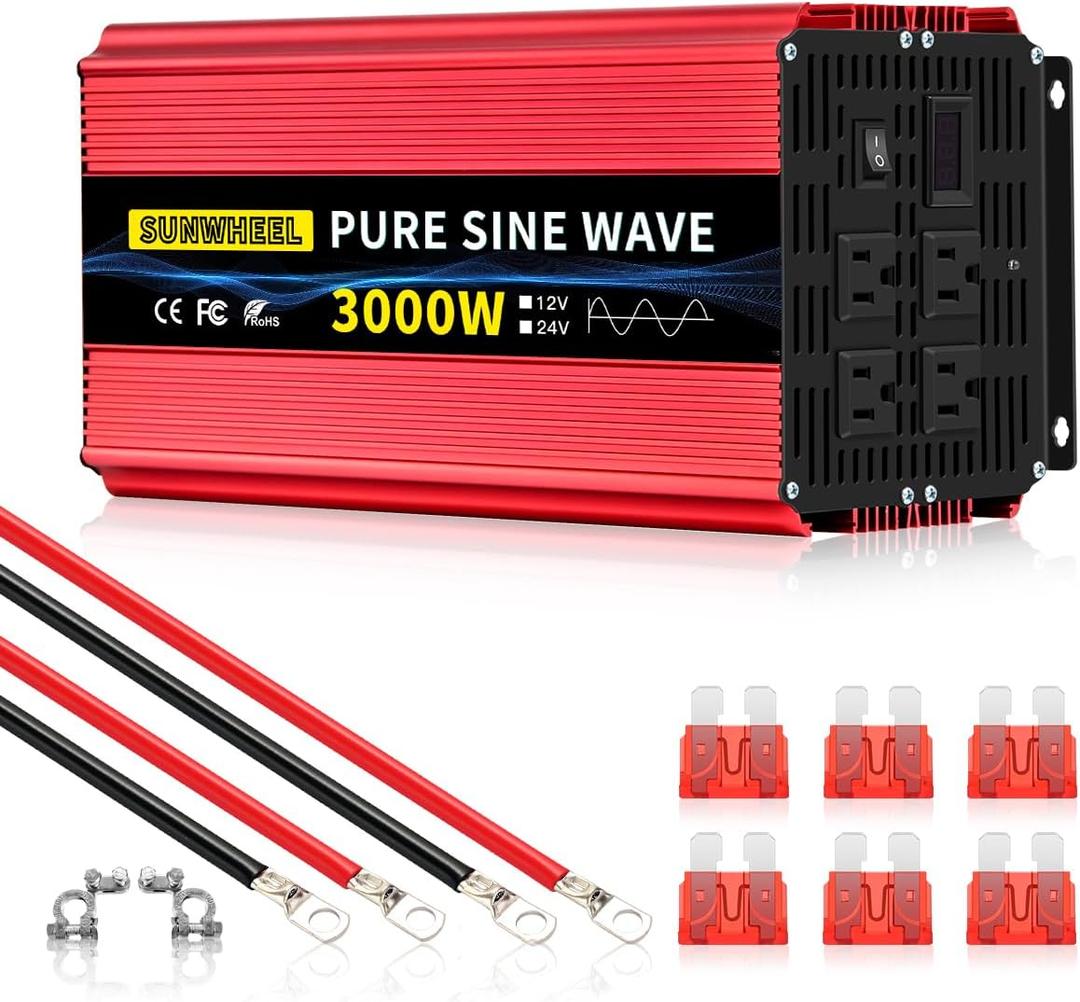 SUNWHEEL 3000W Pure Sine Wave Inverter, 12V DC to 110V/120V AC Power Inverter for RVMicrowaveOff GridTruckRefrigeratorAir Conditioner with 4 AC outlets and LCD Display