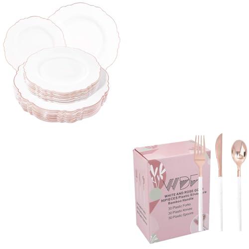 WDF 90Pieces Rose Gold Plastic Silverware-60pcs Rose Gold Plastic Plates