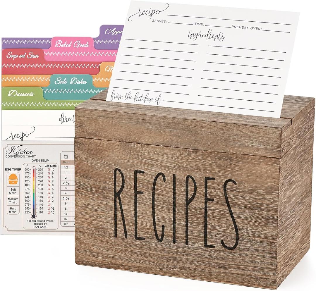 Dahey Wooden Recipe Box Brown Recipe Organizer with 100 Recipe Cards and 6 Dividers, Recipe Card Holder Box Set with Lid and Slots to Write in Your Own Recipes for Cooking Lover Kitchen (6.9x4.3)