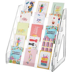 5 Tier Acrylic Card Display Stand(Tall Height), Clear Display Shelf Desktop for Trading Cards, Sports Cards, Greeting Card, Stickers & Brochures, Easy Clip-On Design