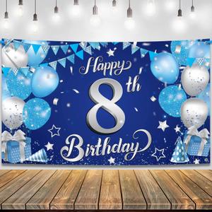 KatchOn, XtraLarge Silver and Blue Happy 8th Birthday Banner - 72x44 Inch | 8th Backdrop for Happy Birthday Decorations | Blue and Silver Party Decorations