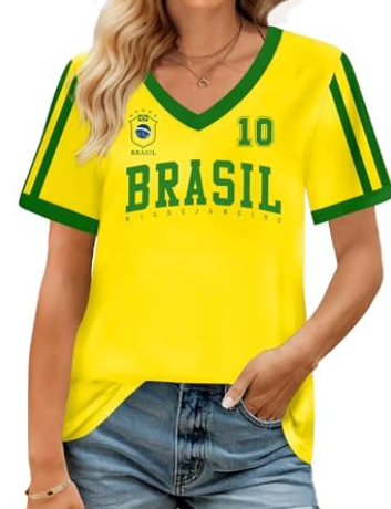 Women's 2026 Soccer Match Day Cup Short Sleeve Graphic Top T-Shirt Green Yellow Brazil A4, XXL