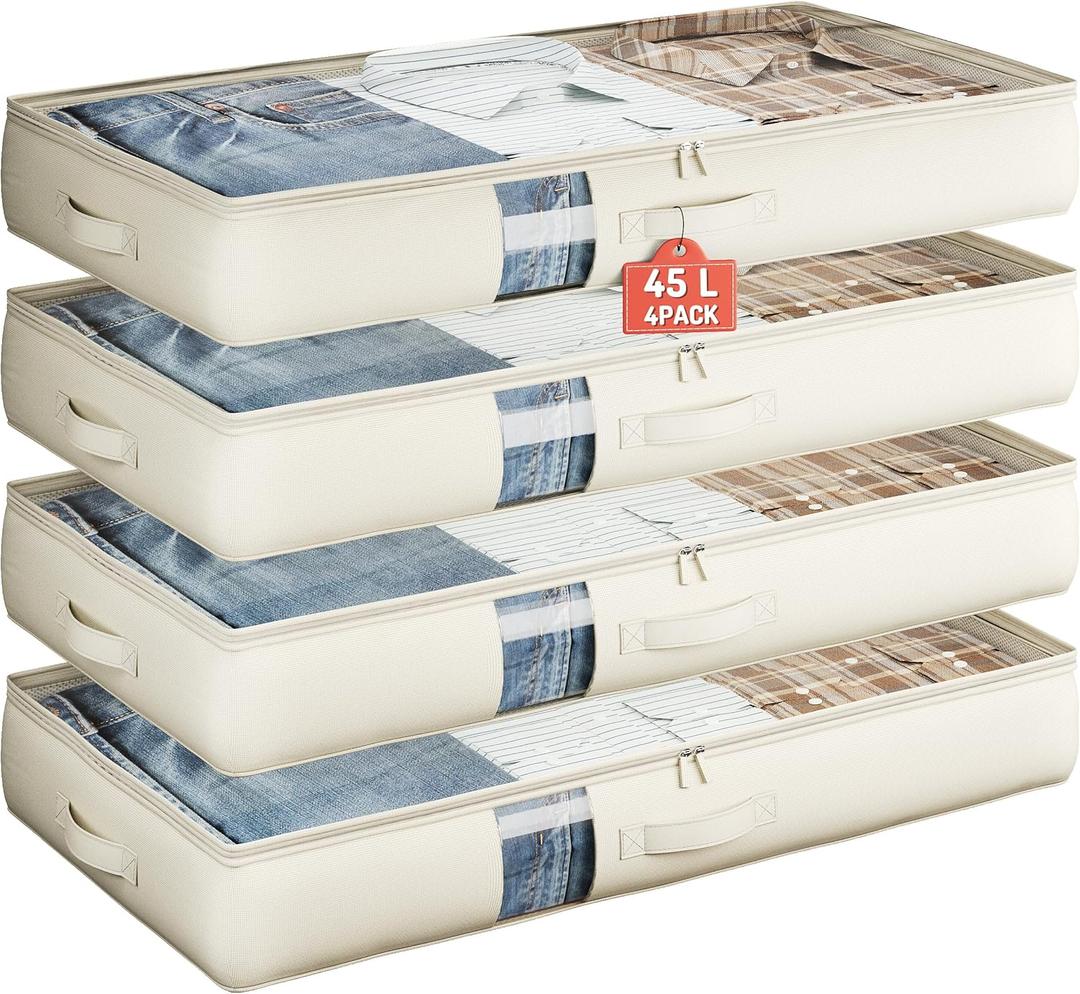 Soft-Sided Foldable Under bed Storage Bags with Window, No Rigid Frame Closet Organizers, Storage Containers for Blankets, Clothing, Comforter, Collapsible Fabric Design, 4 Pack, White Ivory