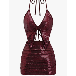 SHENHE Women's Y2k 2 Piece Sexy Outfits Backless Halter Crop Top and Ruched Bodycon Mini Skirt Set, Small, Sequin Burgundy 