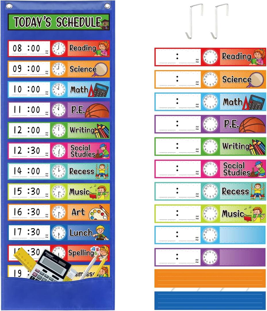 Daily Schedule Pocket Chart Kit,40 Bright Attractive Double-Sided Reusable Erasable Cards,1 Title Card,13+1 Scheduling Pocket Chart with 2 Hangers for Classroom Office Home Preschool Learning (Blue)