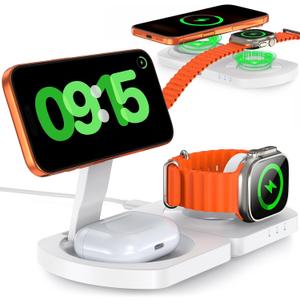 Wireless Charger for iPhone, 3-in-1 Magnetic Charging Station for Apple, MagSafe Charger Stand for iPhone 17 Air 16 15 14 13 12 Series, Airpods Pro, Apple Watch Ultra, Foldable, No Adapter, White