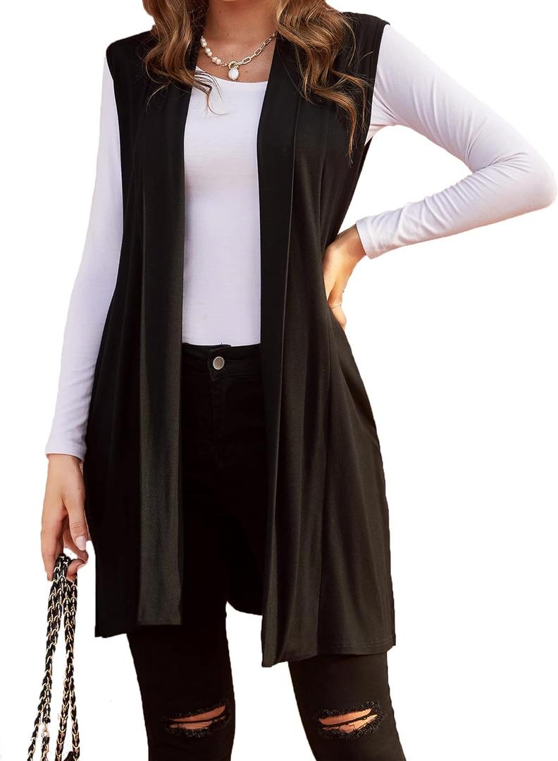 Beyove Womens Long Vests Sleeveless Draped Lightweight Open Front Cardigan Layering Vest with Side Pockets (X-Large)