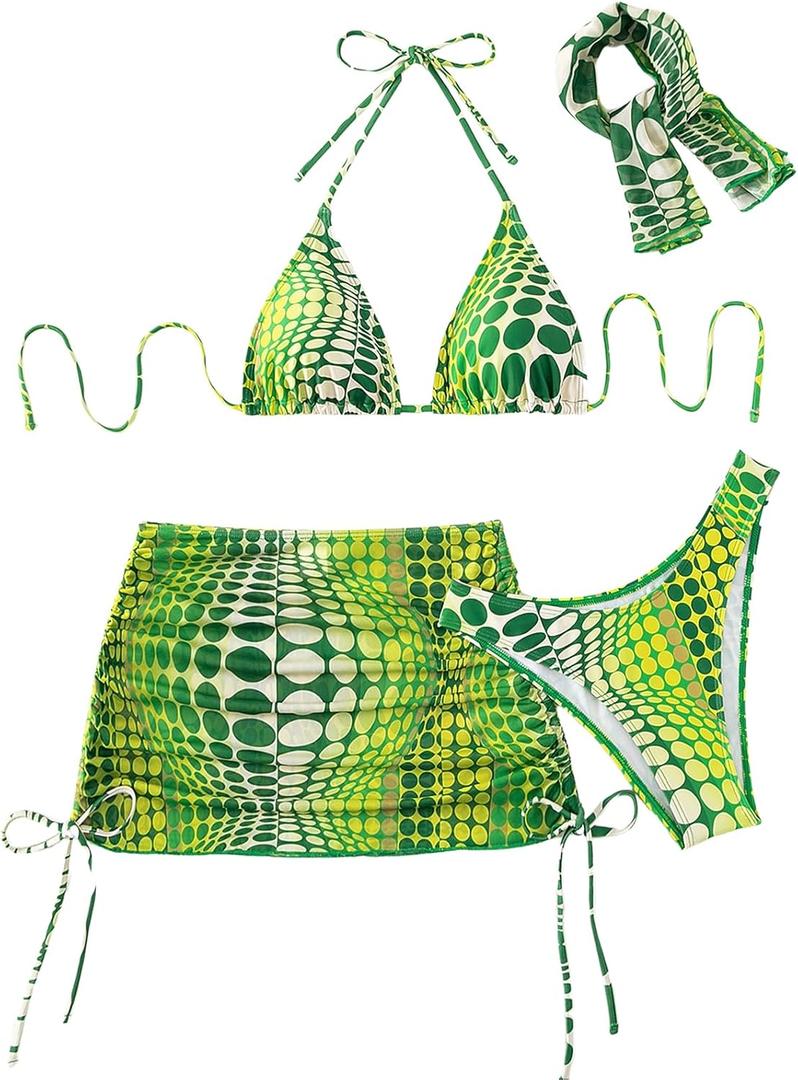 COZYEASE Women's 4 Piece Swimsuits Sexy Bikini Sets Triangle Bathing Suit with Mesh Cover Up Beach Skirt & Bandana (Medium, Green) COZYEASE Women's 4 Piece Swimsuits Sexy Bikini Sets Triangle Bathing Suit with Mesh Cover Up Beach Skirt & Bandana (Medium, Green)