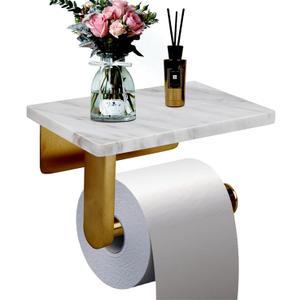 Toilet Paper Holder with Natural Marble Shelf for Bathroom Washroom,Wall Mounted Tissue Holder Suitable for Mega Roll (Brushed Gold, Small 6.7 * 4.3 in)