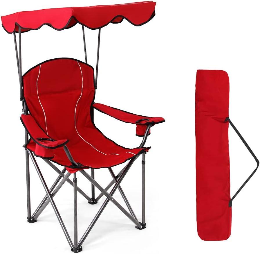 HIGH POINT SPORTS Camping Chairs with Shade Canopy for Adults, Foldable Portable Canopy Chair, Folding Lawn Outdoor Chair with Canopy for Beach, Camping, Support 350 LBS, Red