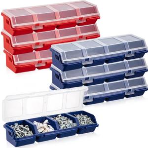 Hushee 6 Pcs Screw Organizer Box with Lid 4 Compartments Tool Bin Divider Plastic Stackable Hardware Organizer Small Part Storage Sorting Screw Box for Garage Workbench Craft Storage (Blue,Red)
