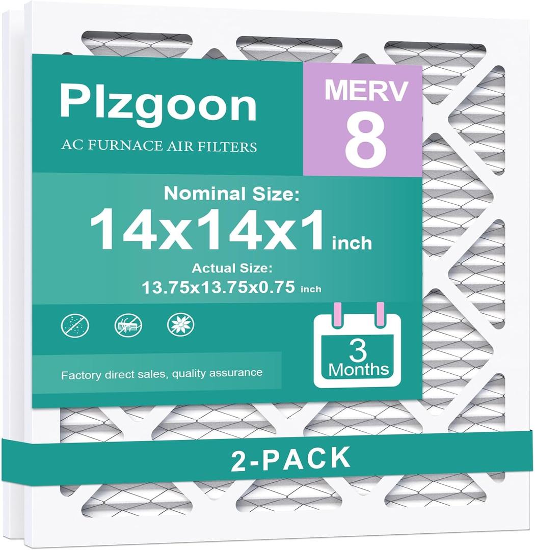 14x14x1 Air Filter MERV 8 (2 Pack) MPR 600 Pleated Air Furnace Filters Replacement Compatible with Air Conditioner HVAC AC Furnace (Exact Dimensions: 13 3/4x13 3/4x3/4 Inches)