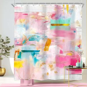 Newsely Abstract Oil Painting Shower Curtain 60Wx72L Inch Pink Green Golden Ombre Minimalist Simple Luxury Modern Bathroom Set Aesthetic Waterproof Bath Decoration Accessories Home Decor
