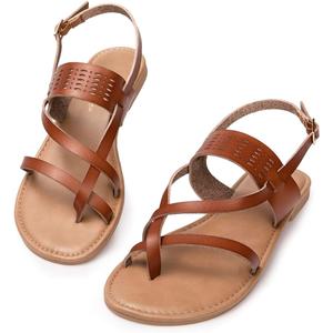 Luffymomo Womens Strappy Flat Sandals Leathe Gladiator Sandals Summer Casual Fisherman Thong (8, Brown)