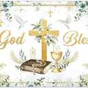72x43inch Fabric Greenery God Bless Backdrop Gold Cross First Holy Communion Baptism Photography Background Newborn Party Baby Shower Decorations Photo Props