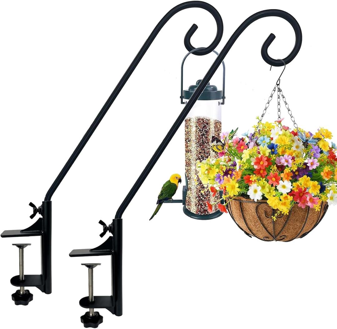Heavy Duty Deck Hook,360 Rotating Design,Pole 16.5Long Metal Deck Railing Hooks for Hanging Bird Feeders,Planters,Suet Baskets,Lanterns,Wind Chimes,Clamp Mounted,Under 18 LBS(2PACK)