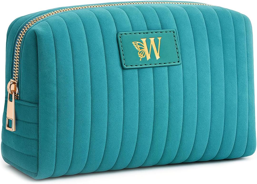 Monogrammed Make Up Bags for Women,Personalized Cosmetic Bags Women,Small Quilted Makeup Pouch,Cute Makeup Bag Travel,Birthday Gifts for Teen Girl (Blue W)