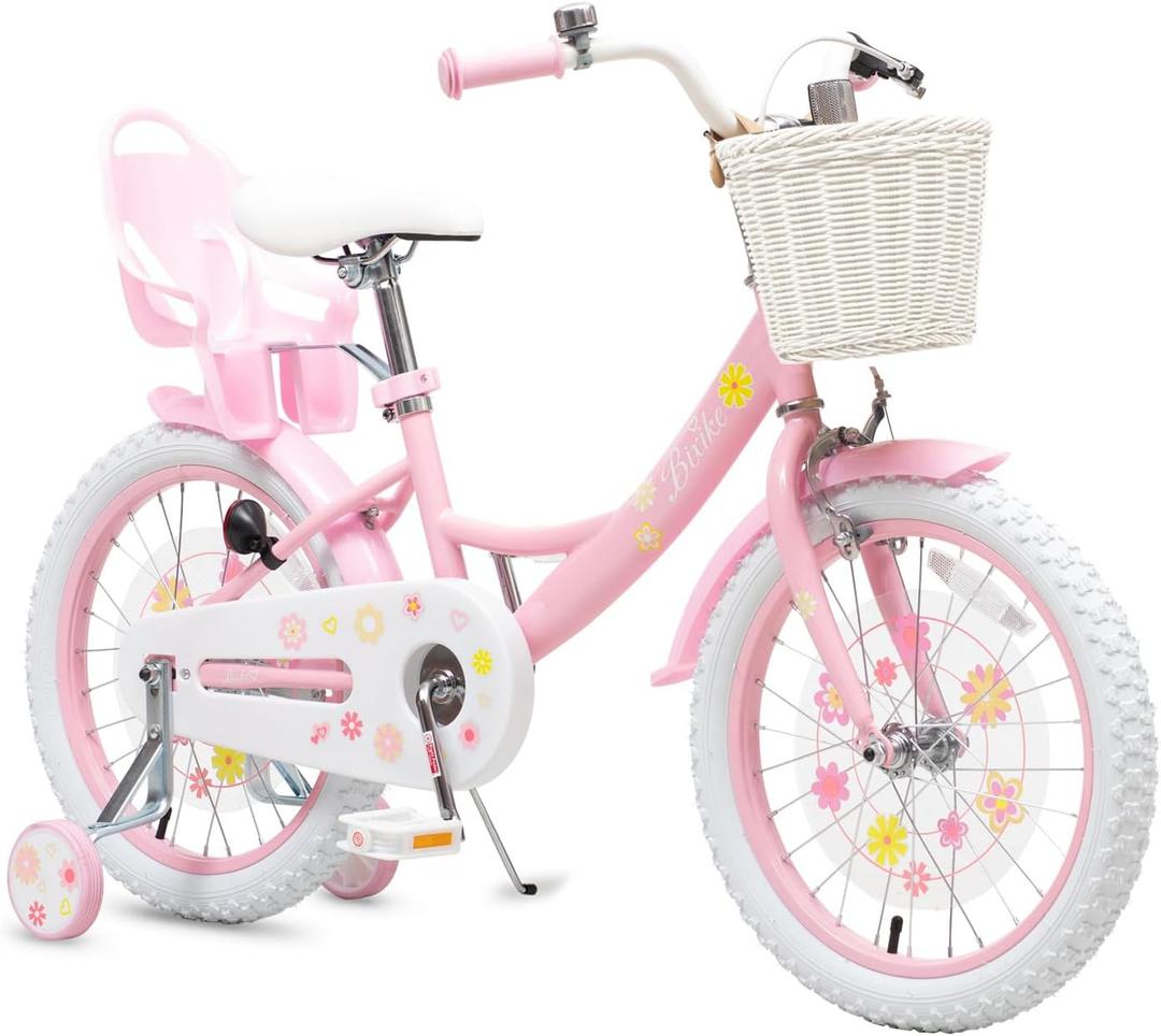 Bixike Girls Bike with Basket for Toddlers and Kids Aged 3-14 Years Old, 18 Inch with Training Wheels & Doll Seat, 20 Inch with Kickstand & Rear Rack, Princess Style Bicycle for Gift.