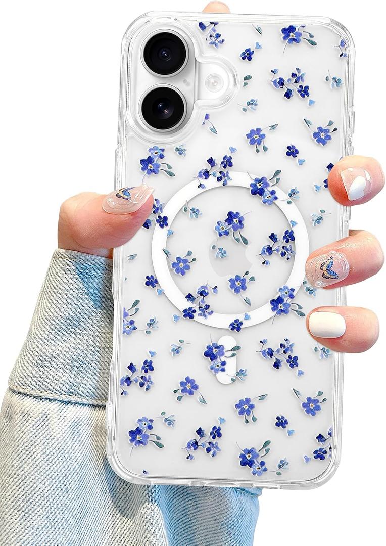 Jusy Magnetic Cute Flower Case for iPhone 16 Plus, Cute Aesthetic White Floral Pattern Phone Case Compatible with Magsafe, Soft TPU Protective Phone Cover for Women Girls - Blue Flower