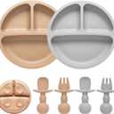 Eascrozn Silicone Baby Feeding Set, 2 Pack Divided Baby Plates with Suction, 2 Pack Spoons and Forks Set, BPA Free, Baby Led Weaning Supplies for Toddler Utensils Baby Feeding Essentials (Brown)