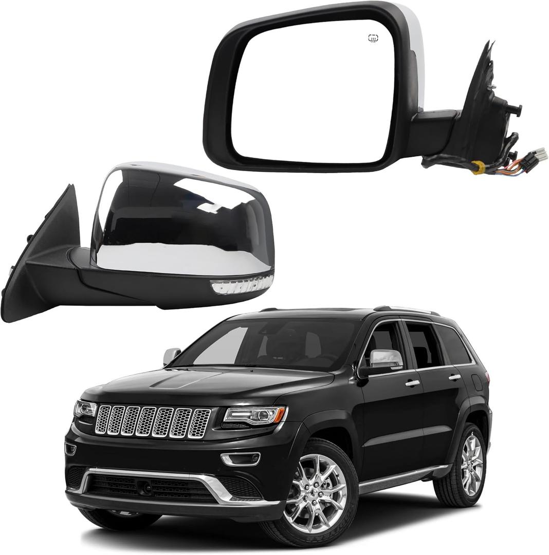 Dasbecan Left Driver Side View Mirror Compatible with 2011-2018 Jeep Grand Cherokee Chrome Door Mirror w/Power Heated, Signal Light, Memory, Manual Folding Replace# 68365717AC (11pins)