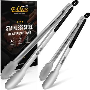 Eddeas Grill Tongs, Bbq tongs - 12" and 17 Inch Extra Long Kitchen Tong, Heat Resistant 600 Degrees Stainless Steel tongs, Metal Locking Tong for Cooking, Grilling, Outdoor Barbecue, Set of 2