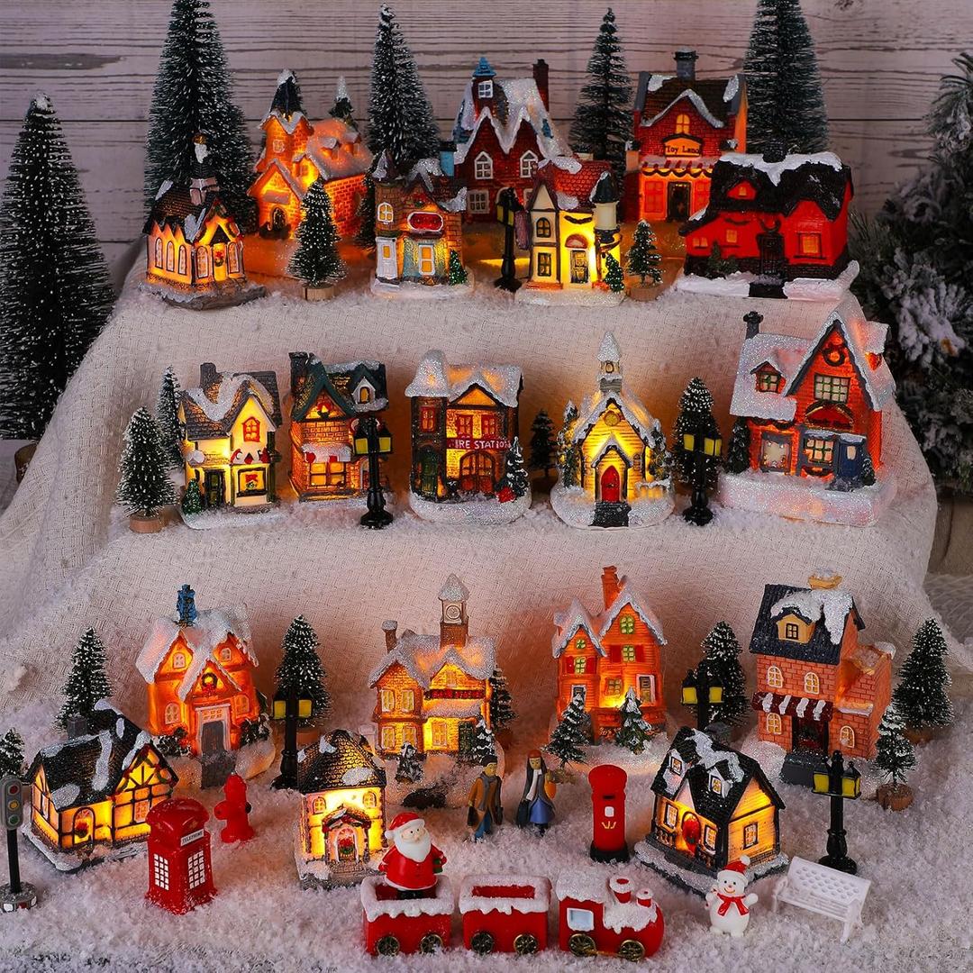 Zubebe 64 Pcs Christmas Village Set, Christmas Village Houses LED Holiday Village Figurines Christmas Village Buildings Christmas Town Scene Desktop Ornaments Indoor Room Decor Collection (Classic)