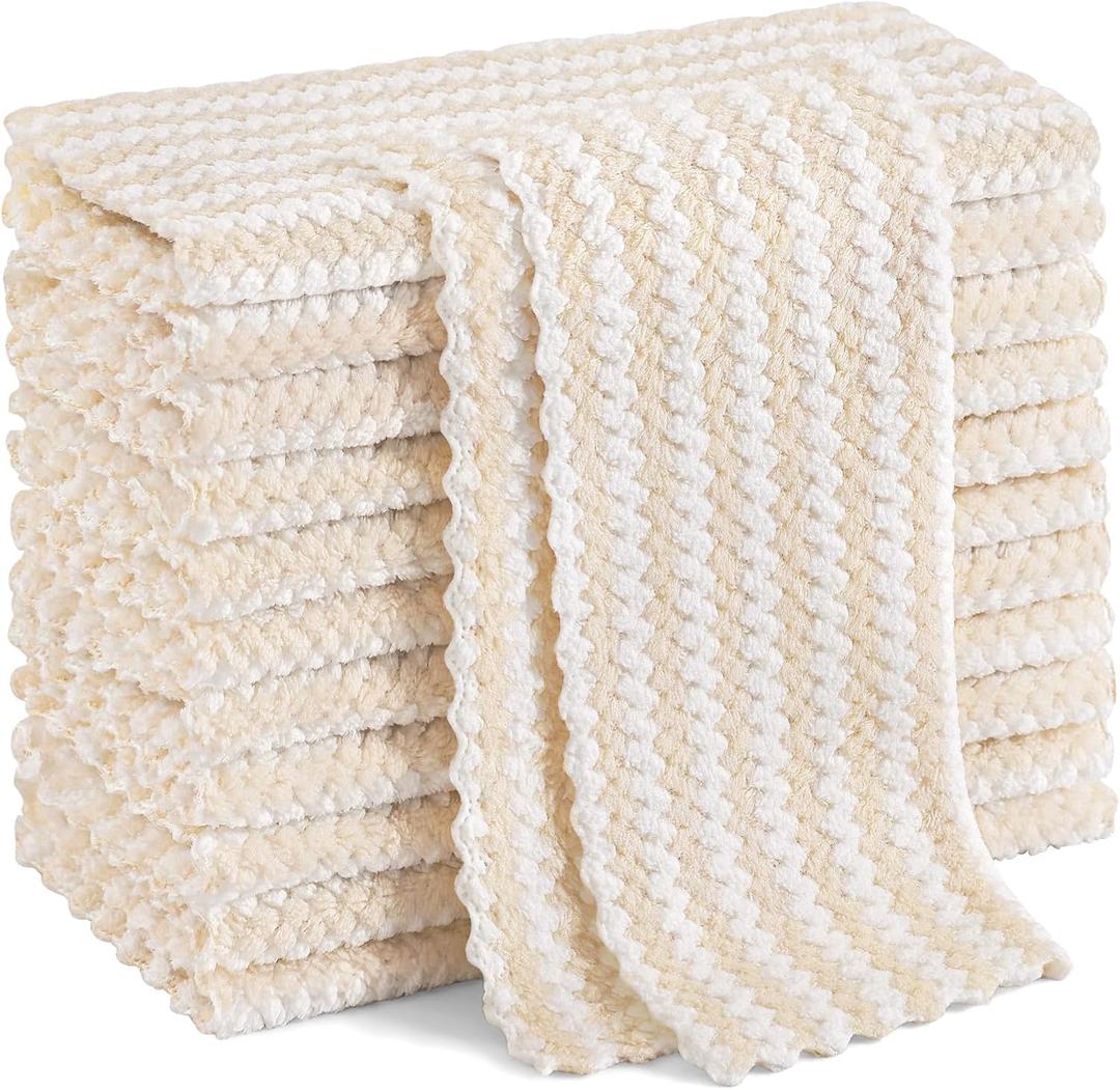 Homaxy 12 Pack Kitchen Dish Cloths, Ultra Soft and Absorbent Dish Towels, Reusable Fast Drying Microfiber Cleaning Cloth, Coral Velvet Wave Design No-lint, 10 x 10 inches, Beige