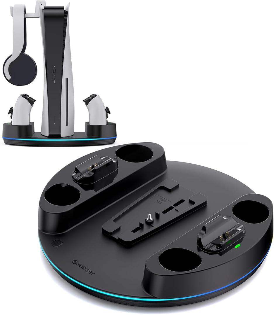 NEWDERY for PS5/Slim/Pro Console Stand, with Dual Charging Station for PS5 Controllers, Adjustable RGB Light, for PS5 Controller Charger Stand - Black