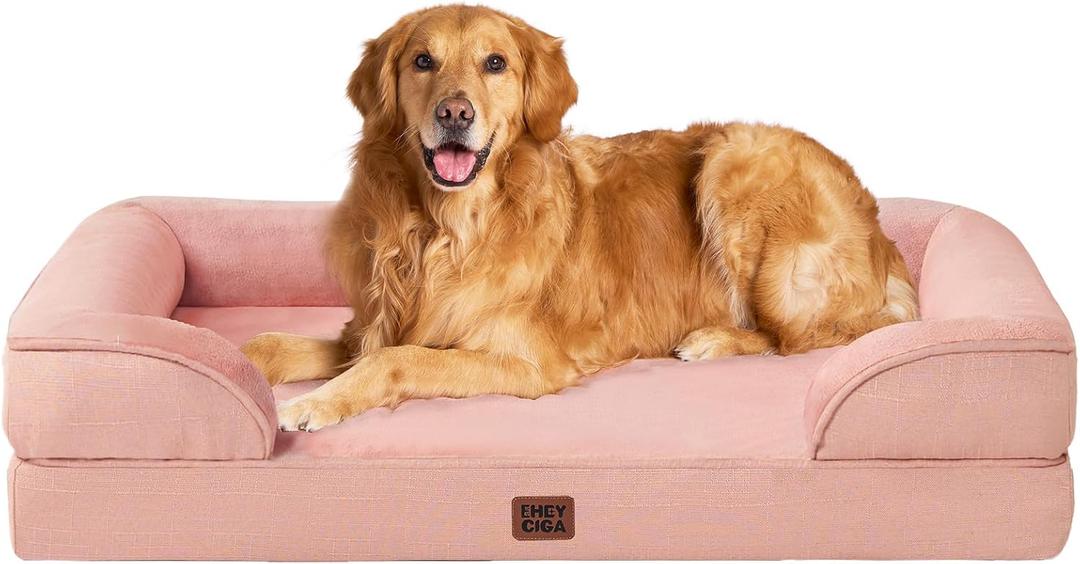 EHEYCIGA Orthopedic Dog Beds for Extra Large Dogs, Waterproof Memory Foam XL Pet Bed with Sides, Non-Slip Bottom and Egg-Crate Foam Big Dog Couch Bed with Washable Removable Cover, Dusty Pink (44.0"L x 32.0"W x 6.5"Th)