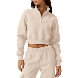 QINSEN Womens Half Zip Crop Sweatshirt High Neck Long Sleeve Pullover Cropped Top (Large, Beige)