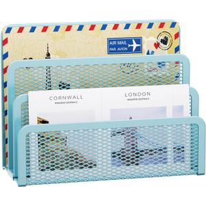 Marbrasse Mail Organizer for Desk, 3-Slot Mesh Metal Mail Holder countertop, Letter Holder, Office Desktop Envelope and Document Storage Rack (Blue)