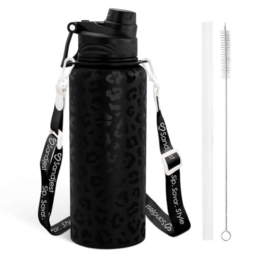 Black Leopard Skin Stainless Steel Water Bottle with Strap 32oz, Insulated Bottles with Straw and Spout Lid for Gym Sports Travel Outdoor, Gifts for Women Girls Birthday Christmas