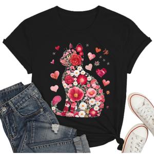 Floral Cat Valentines Shirt Women Womens Valentines T-Shirt Cat Lover Valentines Gift Tee Tops Black (Black, M)