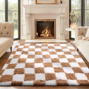 Ophanie Checkered Beige & White Rug for Living Room Bedroom, Fluffy Soft Cute Fuzzy Area Rugs, Shag Plush Shaggy Bedside Floor 4x6 Furry Carpet for Kids Baby Teen Dorm Nursery Home Decor Aesthetic