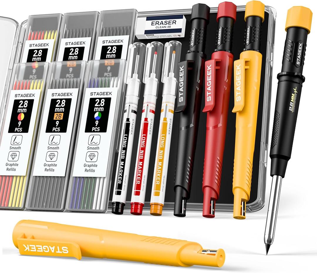 3 Pack Carpenter Pencils with Sharpener, Mechanical Carpenter Pencils with 57 Refills, Construction Pencil Heavy Duty Woodworking Tools, Deep Hole Long Nib Marker Pens for Architect Marking (Red/Black/Yellow)