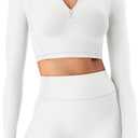 YEOREO Women Zip Up Long Sleeve Workout Crop Top Mock Neck Yoga Shirt (Small, White)