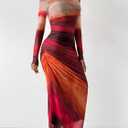 MARZXIN Women Long Sleeve Maxi Dress Bodycon Ruched Formal Slim Fit Tie Dye Dress Formal Mesh Dress (XL)